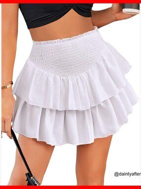 High Waist Ruffle Flowy Mini Skirt Polyester Casual Boho Layered Pleated